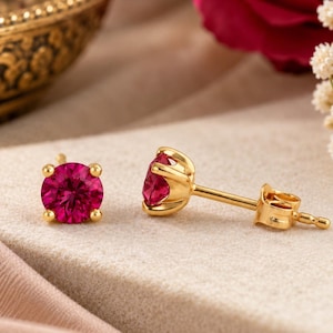 14K Gold Plated Ruby Gemstone Stud Earrings, 925 Sterling Silver Jewelry, Solitaire Earrings, Red Ruby Earrings For Women, Bridesmaid Gifts