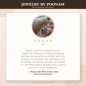 May include: A customer review graphic for Jewelry by Poonam featuring a circular inset image of a pair of oval-cut purple gemstone earrings with silver hooks. The text includes a five-star rating and a testimonial from Maria del Mar Leon Luna.