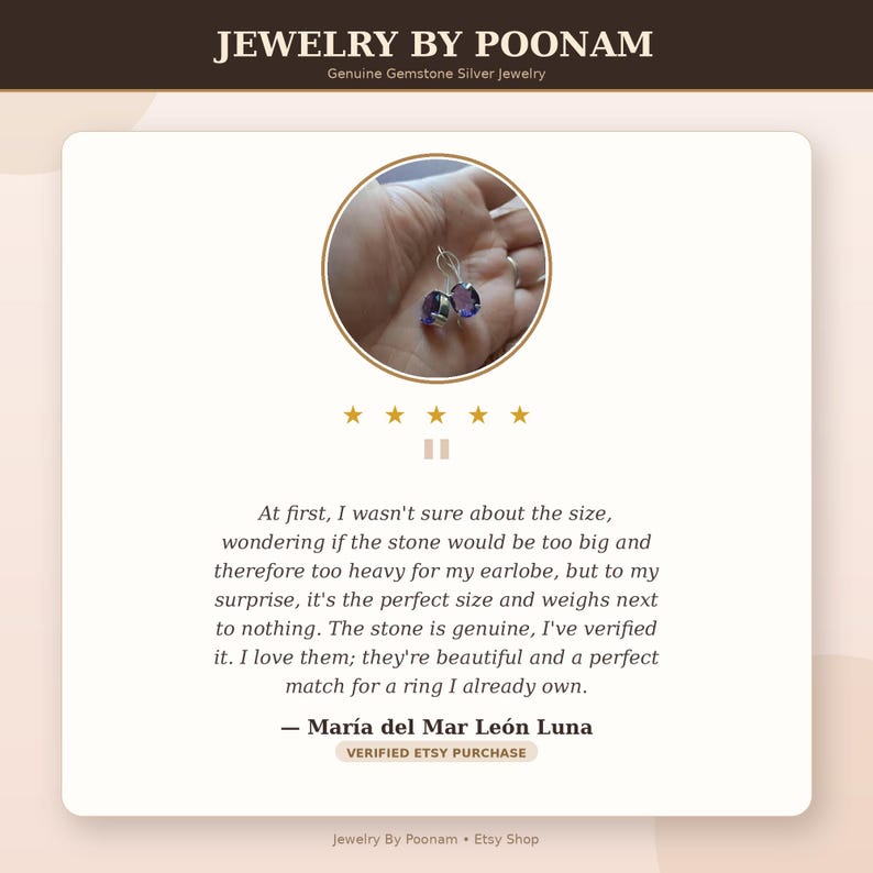 May include: A customer review graphic for Jewelry by Poonam featuring a circular inset image of a pair of oval-cut purple gemstone earrings with silver hooks. The text includes a five-star rating and a testimonial from Maria del Mar Leon Luna.