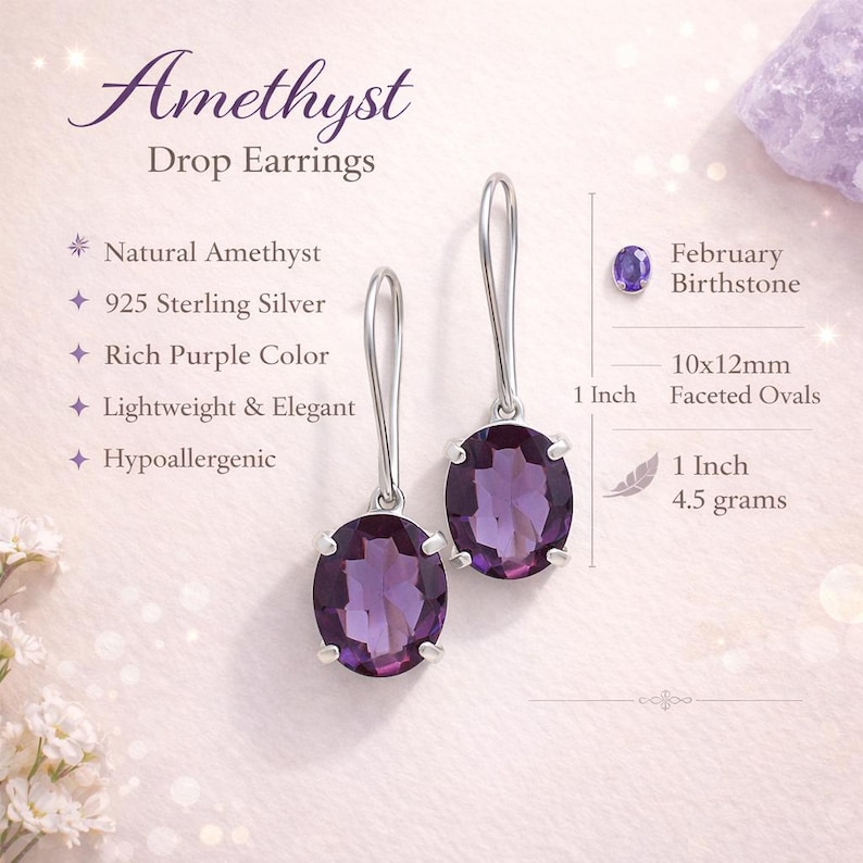 May include: Amethyst drop earrings in 925 sterling silver with faceted oval stones. Text indicates natural amethyst, February birthstone, 10x12mm size, 1 inch length, and 4.5 grams weight. The purple stones are set in silver prongs with silver hooks.