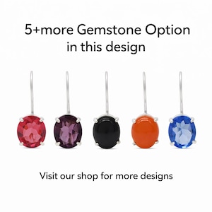 May include: Five silver drop earrings with oval gemstones in red, purple, black, orange, and blue. Text reads: 5+more Gemstone Option in this design. Visit our shop for more designs.
