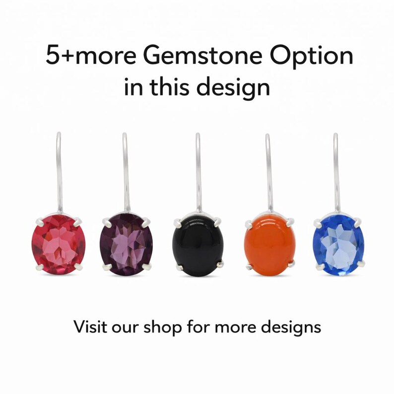 May include: Five silver drop earrings with oval gemstones in red, purple, black, orange, and blue. Text reads: 5+more Gemstone Option in this design. Visit our shop for more designs.