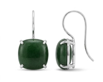 May include: A pair of drop earrings featuring smooth, cushion-cut dark green jade stones set in polished silver-toned metal. Each stone is secured by four prongs, and the earrings hang from curved silver-toned ear wires for a secure fit.