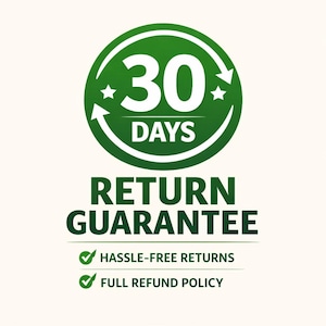 May include: A green circular graphic featuring the white text 30 DAYS with two arrows forming a circle and two stars. Below this, the text RETURN GUARANTEE appears in green, followed by two lines with checkmarks: HASSLE-FREE RETURNS and FULL REFUND POLICY.