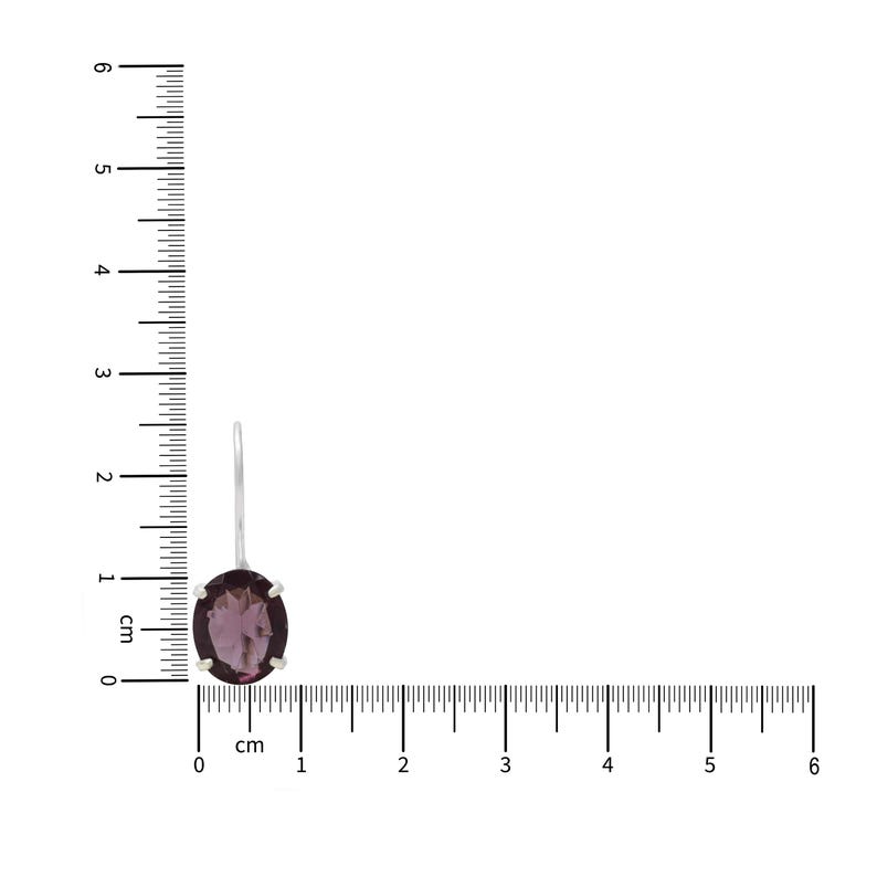 May include: A single oval-shaped purple gemstone earring with a silver hook, positioned against a ruler showing a length of approximately 0.75 inches and a width of approximately 0.5 inches for the stone setting.