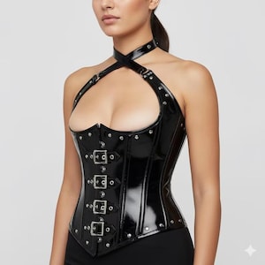 May include: A black, glossy corset with a halter neckline and a choker. The corset features silver-toned metal buckles and rivets. The design is a modern take on a classic silhouette.