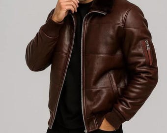 Chaqueta bomber de cuero marrón para hombre con cuello de piel: estilo aviador vintage, chaqueta de cuero de invierno.