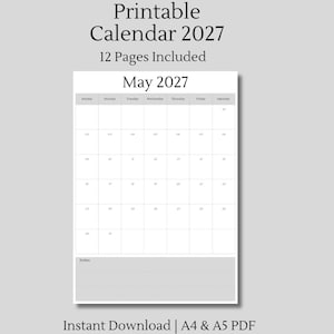 2027 Calendar Printable | Minimalist Monthly Planner | A4 A5 PDF | Sunday Start Calendar | Instant Download | With Notes Section