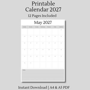 2027 Calendar Printable | Minimalist Monthly Planner | A4 A5 PDF | Sunday Start Calendar | Instant Download | With Notes Section