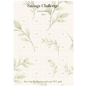 May include: A savings challenge bundle with the text "Savings Challenge" and "Green Edition". The design features a grid of boxes with amounts and decorative green leaves. The text "Save step by step to reach your 50 € goal" is at the bottom.