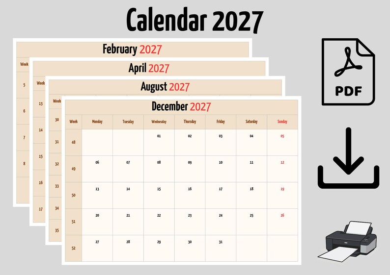 Printable Calendar 2027 | Minimalist Monthly Calendar | A4 A5 PDF