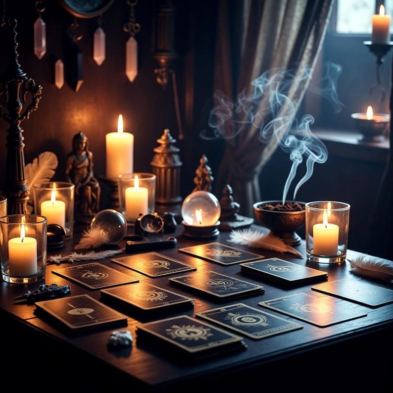 Spiritual tarot cards surrounded by lit candles for a fast same hour psychic reading.