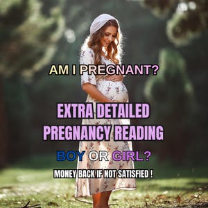 Könnte beinhalten: Eine schwangere Frau in einem geblümten Kleid und Kopftuch, hält ihren Bauch. Text auf dem Bild lautet: "BIN ICH SCHWANGER? AUSFÜHRLICHE SCHWANGERSCHAFTSLESUNG JUNGE ODER MÄDCHEN? GELD ZURÜCK, WENN NICHT ZUFRIEDEN!"