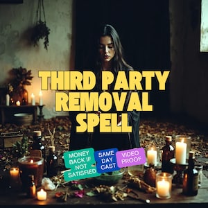 May include: A mystical image with a woman and the text "THIRD PARTY REMOVAL SPELL". The scene includes candles, bottles, and small signs with text like "MONEY BACK IF NOT SATISFIED". The setting is dimly lit.