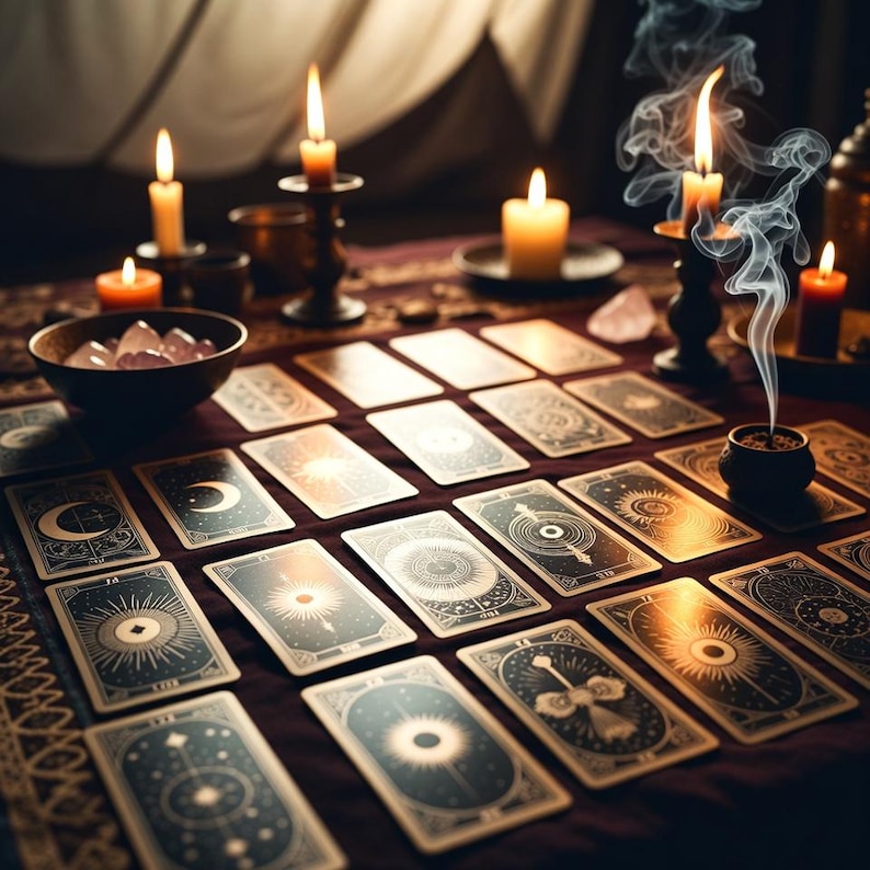 Extra detailed same hour tarot card reading spread on a mystic table with crystals.