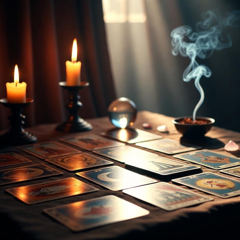 May include: A dimly lit scene featuring a tarot card reading. Lit candles in ornate holders flank a crystal ball and a bowl emitting smoke. Tarot cards are spread across a dark surface, with a window in the background.