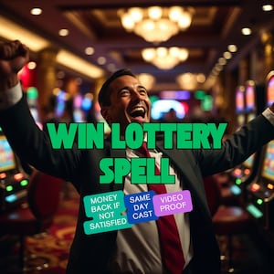 Puede incluir: Un hombre con traje y corbata roja celebra en un casino, con los brazos en alto. Gran texto verde que dice "WIN LOTTERY SPELL". Debajo hay tres rectángulos de colores con texto: "MONEY BACK IF NOT SATISFIED", "SAME DAY CAST" y "VIDEO PROOF".