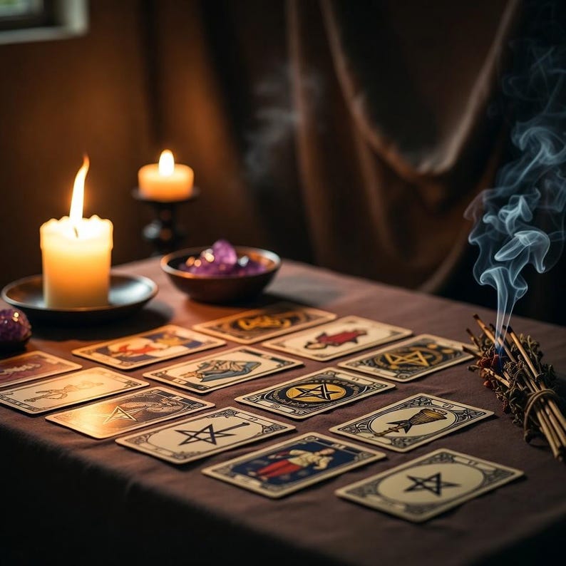Psychic reader shuffling tarot cards for an emergency extra detailed same hour reading.