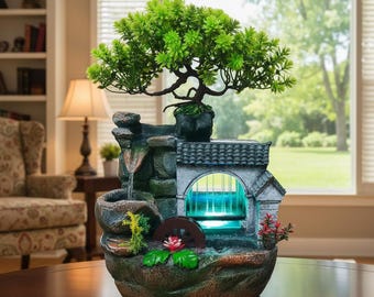 Indoor Desktop Waterfall Fountain with LED Lights, Hand-Carved Resin Decor