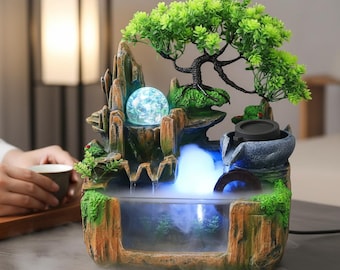 Small Rockery Water Fountain with LED Light and Mist for Home Decor