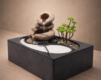 Zen Tabletop Rock Water Fountain with LED Light for Desk Decor