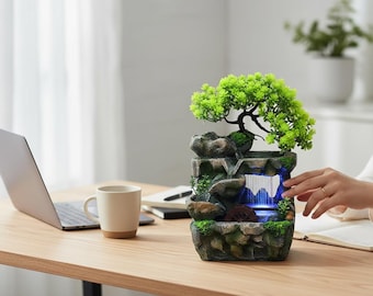 Small Rockery Tabletop Waterfall Fountain with LED Light for Home Office