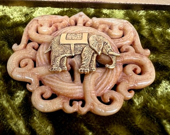 Vintage Asian Carved Stone Medallion with gold elephant wall art, chinoiserie wall art