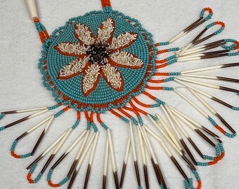 Vintage Native American Porcupine Quill and Beadwork Necklace, Vintage Statement Jewelry Necklace