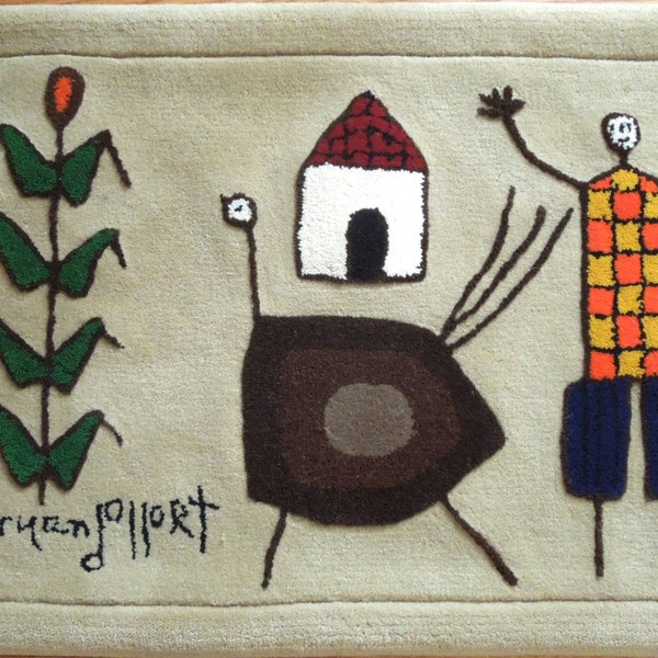 Hooked Wool Wall Hanging - Farmhouse decor - Folk Modernist small rug