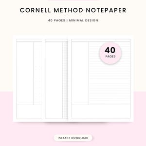 May include: Cornell Method notepaper digital template featuring a clean layout with a cue column, note-taking area, and summary section. The design includes 40 pages in A4, A5, and US Letter sizes. Text reads: Cornell Method Notepaper, 40 Pages, Instant Download.