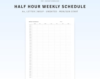 Half Hour Weekly Planner | Weekly Agenda | Weekly Tracker | Weekly Schedule | Weekly Planner Inserts | Minimalist