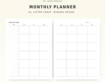 Monthly Planner Printable, Month on 2 Pages, Monthly Overview,Month At A Glance, Instant Download PDF