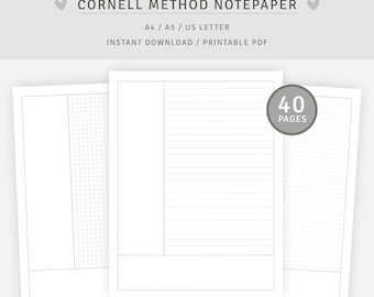 Cornell Method Template | Study Notes  | Note Taking Pages Dotted Grid, Graph | Instant Download