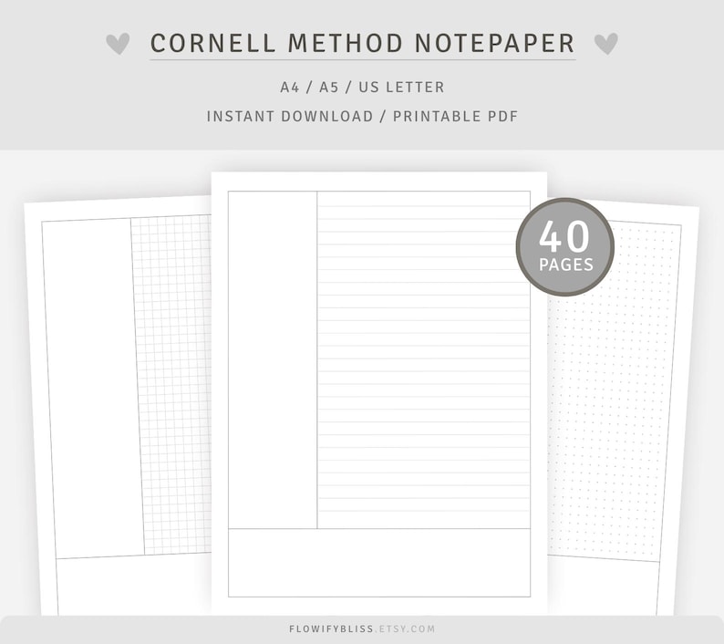 Cornell Method Template | Study Notes | Note Taking Pages Dotted Grid, Graph | Instant Download image 1