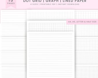 Printable Note Taking Pages, Lined, Graph & Dot Grid Paper Pages Bundle, A4/A5/Letter/Half Letter, Instant Download PDF