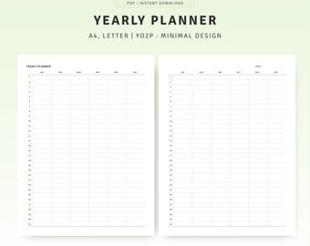 Yearly Planner Printable, Year at a Glance, Yearly Agenda, Year on 2 pages, A4 & Letter, Instant Download PDF