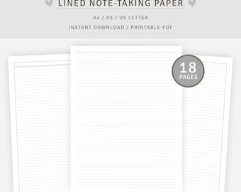 Lined Notetaking Paper,  Notebook, Pages, Writing, Journal, Notes, A4/A5/Letter, Instant Download PDF