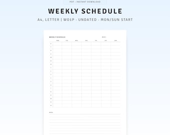 Weekly Schedule | Weekly Planner Insert | Weekly Template | Undated Weekly Planner | Productivity Planner Inserts | A4, US Letter