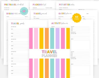 Travel Planner Printable | Vacation Itinerary, Packing Lists (PDF Download, A4/Letter Size, 62 Pages)