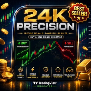 May include: A digital graphic promoting a trading indicator. The design features the text "24K PRECISION" in gold, with the tagline "Precise Signals. Powerful Results." It includes buy/sell signal indicators, stock charts, and icons for features like accuracy and performance. Gold coins and bars are also present.