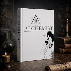 May include: A hardcover book titled "ALCHEMIST" with a geometric eye symbol and a black and white illustration. The book's spine reads "ALCHEMIST" vertically. A lit candle and a scroll are in the foreground.