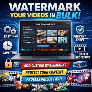 May include: A laptop screen showcases a bulk watermark tool interface. The image promotes video protection with text like "Watermark Your Videos in Bulk!" and "Protect Your Content." Icons suggest ease of use, time-saving, and batch processing.