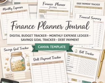 Finance Planner Journal, Digital Budget Tracker, Canva Template (Digital Download)