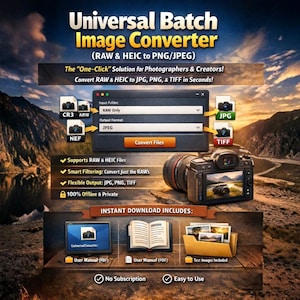 Puede incluir: Anuncio del software "Universal Batch Image Converter". El gráfico presenta una cámara digital, opciones de conversión de archivos y el texto "¡Convierte RAW y HEIC a JPG, PNG y TIFF en segundos!"