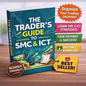 Op de afbeelding: Een boek getiteld "The Trader's Guide to SMC & ICT" met een blauwgroene omslag, met financiële grafieken en tekst. Extra tekst is "Organiseer uw handelsreis!" en "Bestseller!" Beginner-vriendelijk.