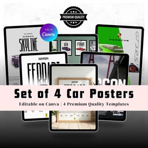 Puede incluir: Un conjunto de cuatro carteles de coches mostrados en tabletas. Los carteles presentan modelos de coches como Nissan Skyline, Ferrari y Porsche. El texto incluye "Premium Quality" y "Edit in Canva."