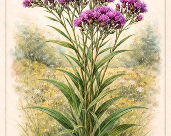 Puede incluir: Ilustración botánica vintage de una planta alta con múltiples racimos de pequeñas y vibrantes flores moradas. La planta tiene hojas largas y verdes. El fondo muestra un campo con flores silvestres.