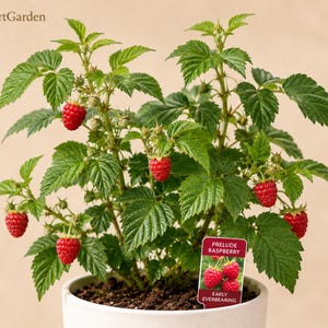 May include: A potted Prelude Raspberry plant with vibrant green serrated leaves and several ripe red raspberries. A small rectangular plant marker is inserted into the soil, featuring the text Prelude Raspberry and Early Everbearing.