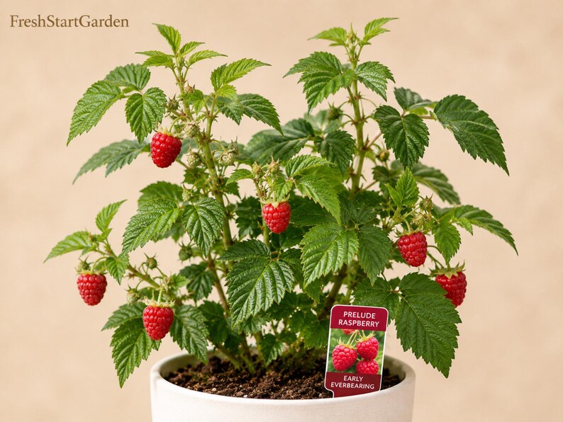 May include: A potted Prelude Raspberry plant with vibrant green serrated leaves and several ripe red raspberries. A small rectangular plant marker is inserted into the soil, featuring the text Prelude Raspberry and Early Everbearing.
