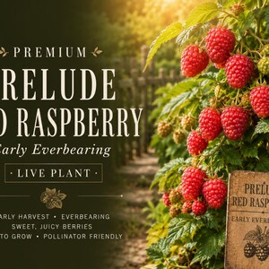 May include: A live Prelude Red Raspberry plant with bright red berries and green leaves. Text reads: PREMIUM PRELUDE RED RASPBERRY Early Everbearing LIVE PLANT EARLY HARVEST EVERBEARING SWEET, JUICY BERRIES EASY TO GROW POLLINATOR FRIENDLY.